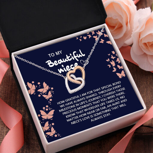 Interlocking Hearts Necklace, Message Card, Box