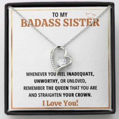 Sister Necklace, To My Badass Sister Queen Heart Necklace Gift For Best Friend Bestie