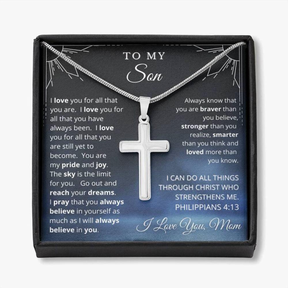 To My Son Silver Cross Pendant Necklace - Stainless Steel Cuban Chain - Gift For Son
