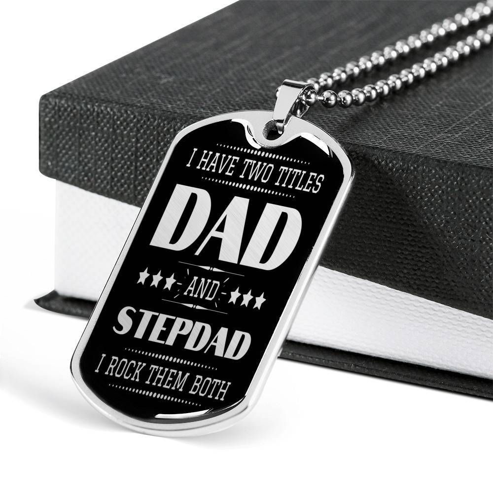 Dad Dog Tag Father's Day Gift, Custom Dad And Stepdad Silver Dog Tag Military Chain Necklace Present For Men Dog Tag