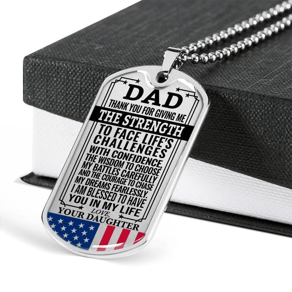 Dad Dog Tag Father's Day Gift, Gift For Dad Dog Tag Military Chain Necklace Thank For Giving Me Strength Dog Tag