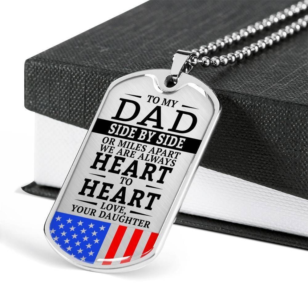 Dad Dog Tag Father's Day Gift, Military Daughter Present For Dad Silver Dog Tag Military Chain Necklace Heart To Heart