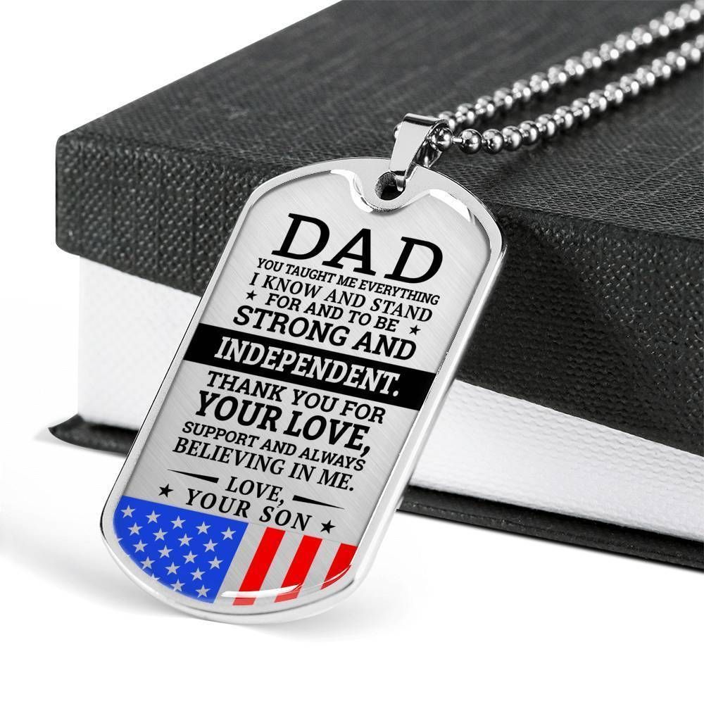 Dad Dog Tag Father's Day Gift, Military Son Gift For Dad Silver Dog Tag Military Chain Necklace Strong And Independent