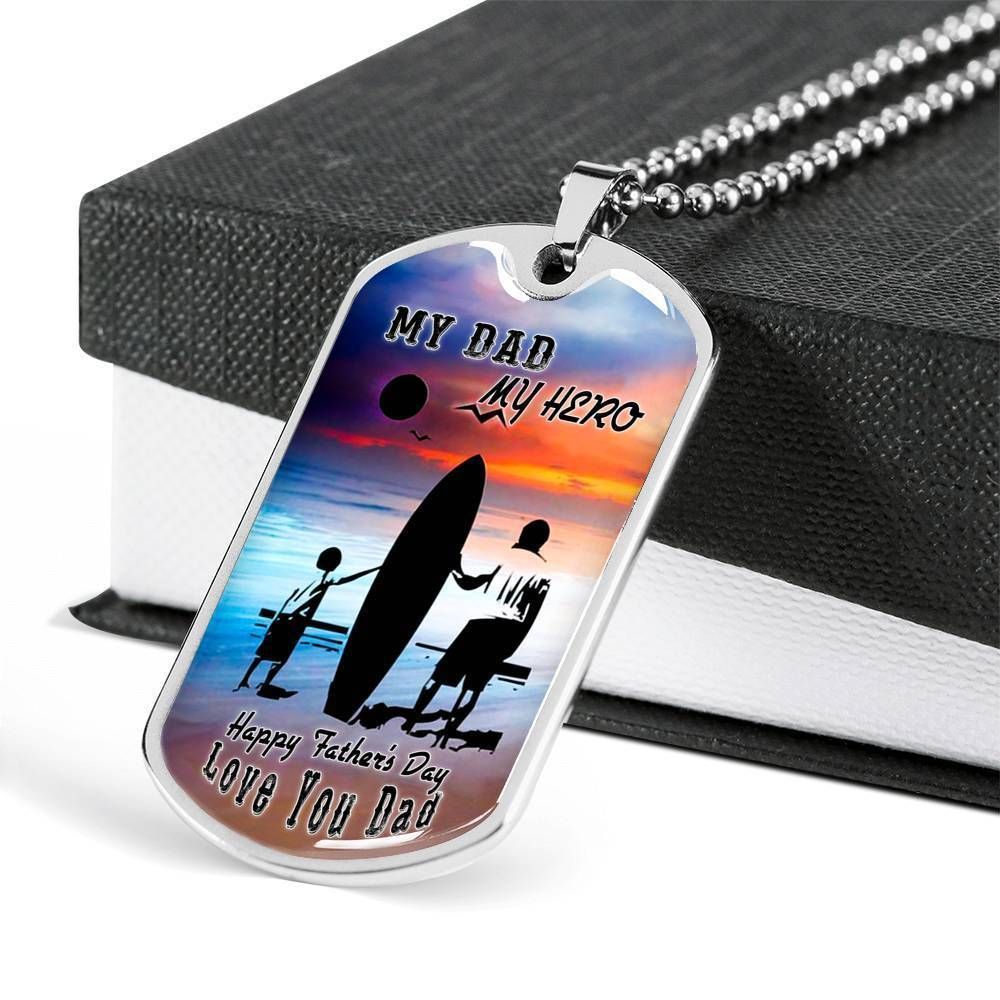 Dad Dog Tag Father's Day Gift, My Dad My Hero Dog Tag Military Chain Necklace For Dad Surfer Dog Tag