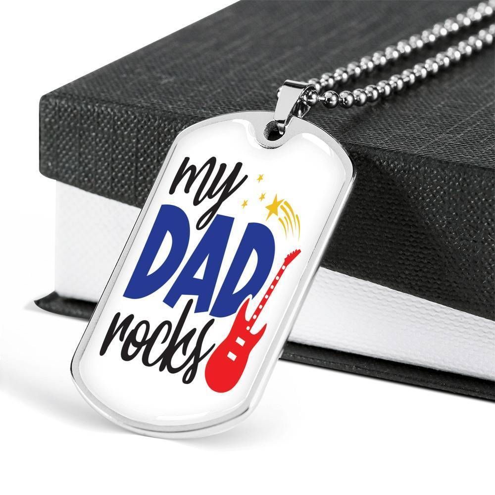 Dad Dog Tag Father's Day Gift, My Dad Rocks Dog Tag Military Chain Necklace Gift For Men