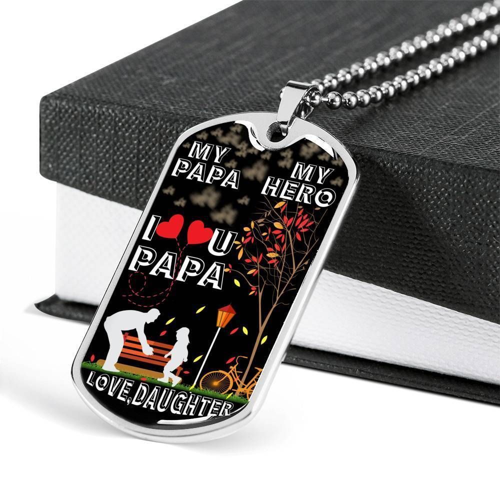 Dad Dog Tag Father's Day Gift, My Hero Love You Dog Tag Military Chain Necklace Gift For Papa