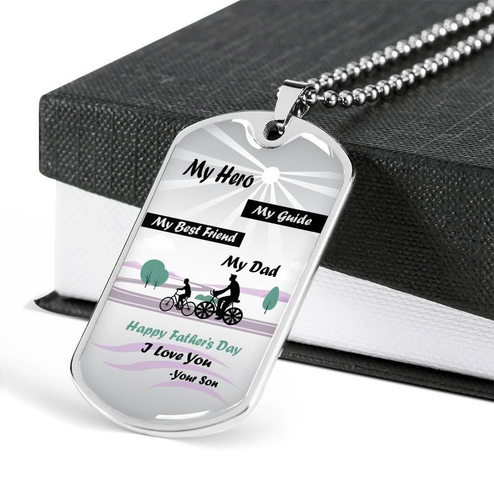 Dad Dog Tag Father's Day Gift, My Hero My Guide Dog Tag Military Chain Necklace Gift For Daddy Dog Tag