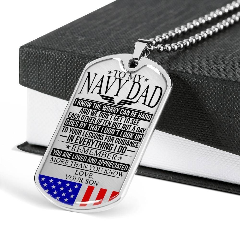 Dad Dog Tag Father's Day Gift, Navy Dad - The Worry - Love, Your Son - Dog Tag Military Chain Necklace Custom Engraved