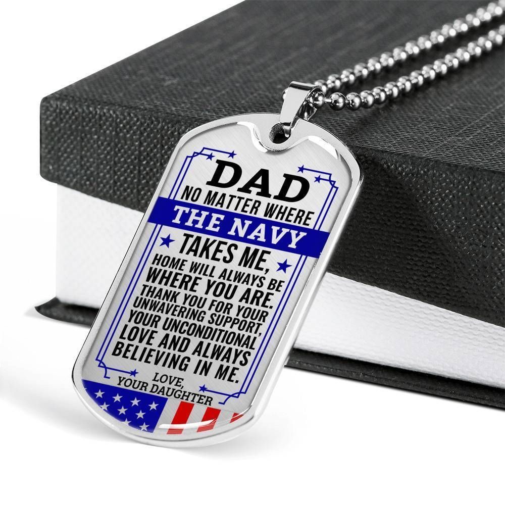 Dad Dog Tag Father's Day Gift, Navy Daughter Gift For Dad Silver Dog Tag Military Chain Necklace Home Is Where You Are
