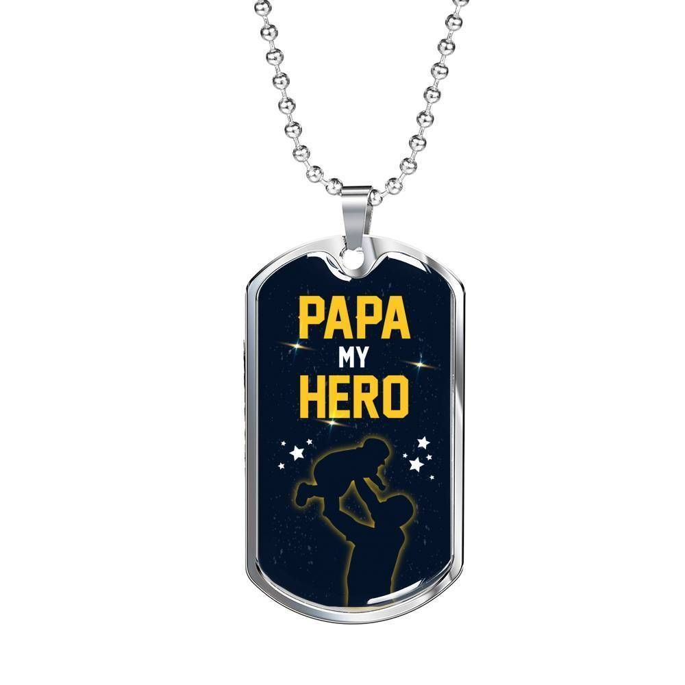 Dad Dog Tag Father's Day Gift, Papa My Hero Dog Tag Military Chain Necklace Gift For Men