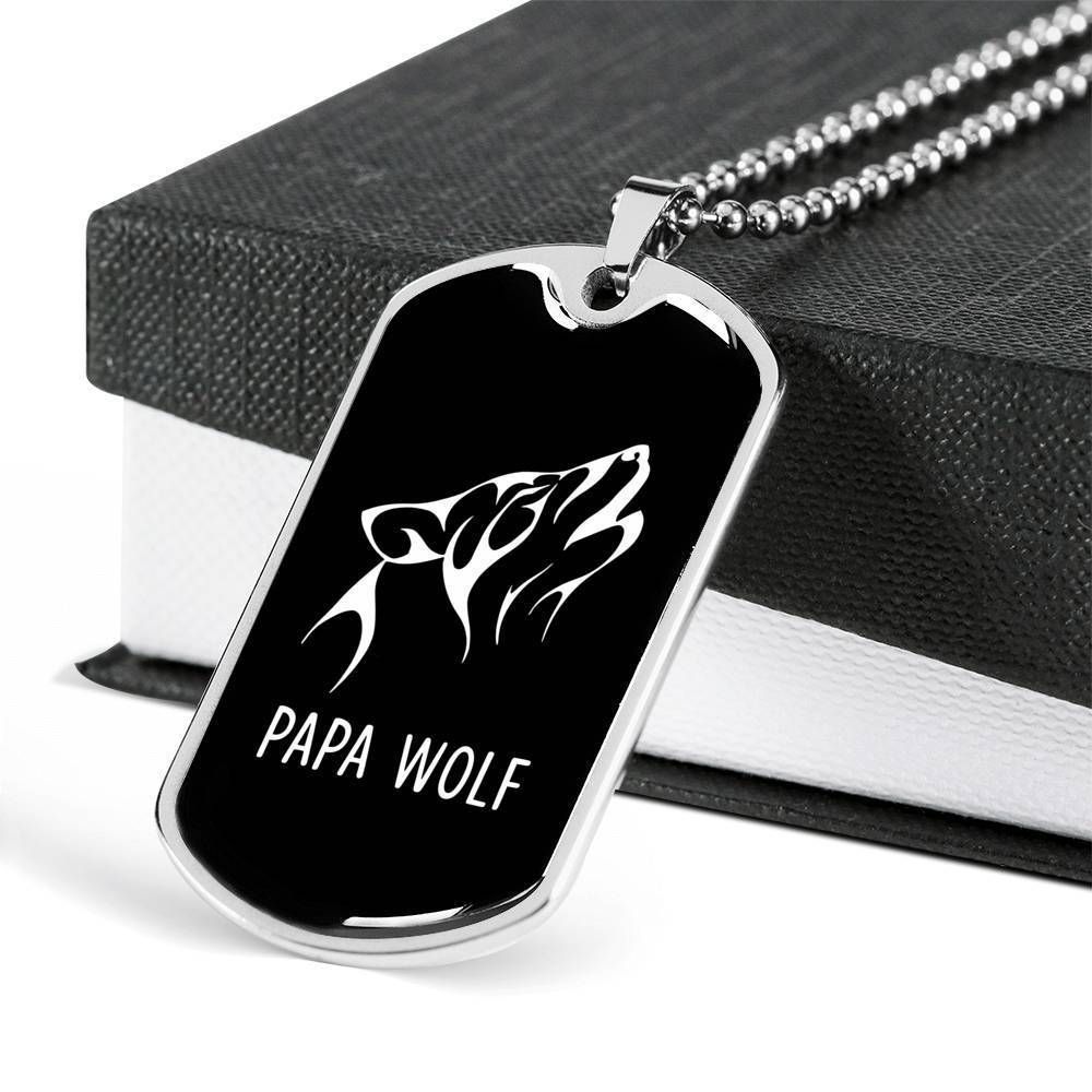 Dad Dog Tag Father's Day Gift, Papa Wolf Tribal Stainless Dog Tag Military Chain Necklace Gift For Men