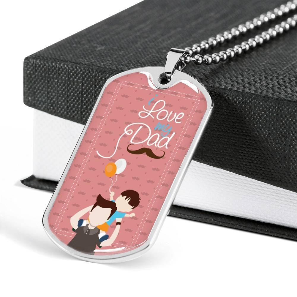 Dad Dog Tag Father's Day Gift, Pink Love My Dad Beard Dog Tag Military Chain Necklace Gift For Dad