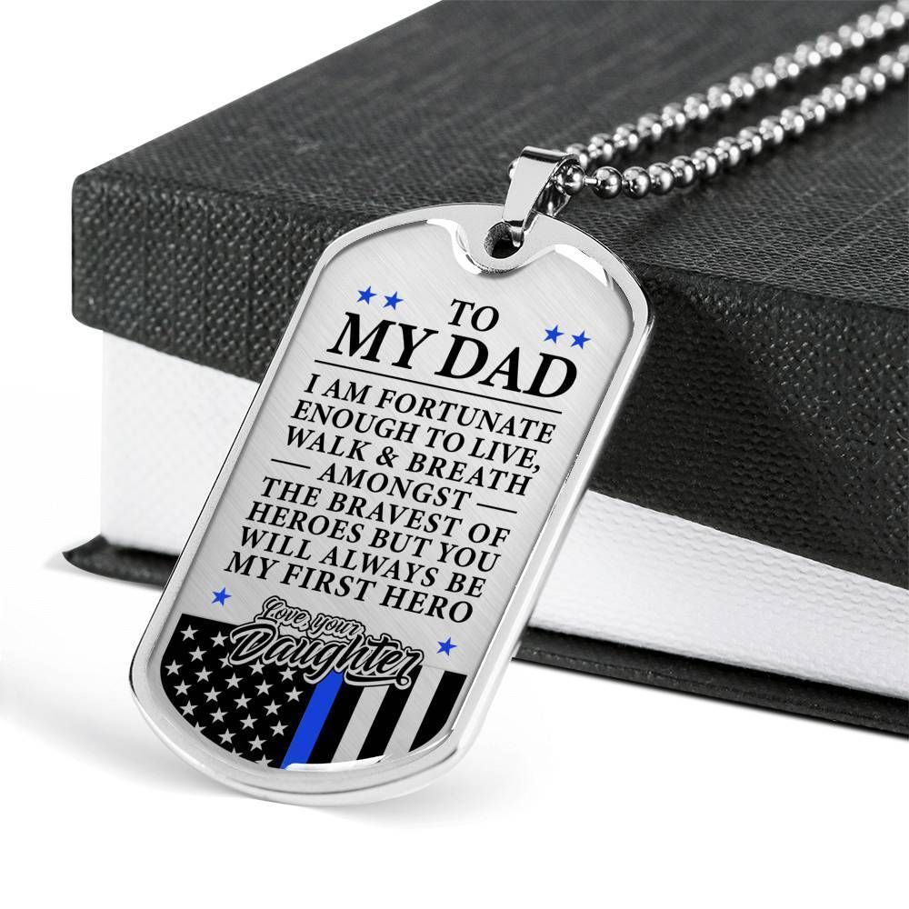 Dad Dog Tag Father's Day Gift, Police Officer's Dad First Hero Love Daughter Dog Tag Military Chain Necklace Custom Engraved
