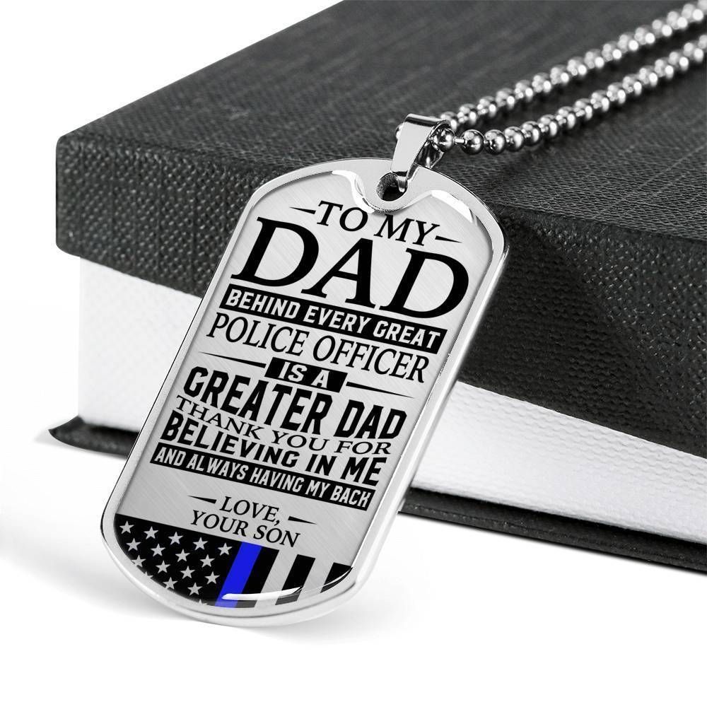 Dad Dog Tag Father's Day Gift, Police Officer's Dad Thank You For Having My Back Dog Tag Military Chain Necklace Custom Engraved