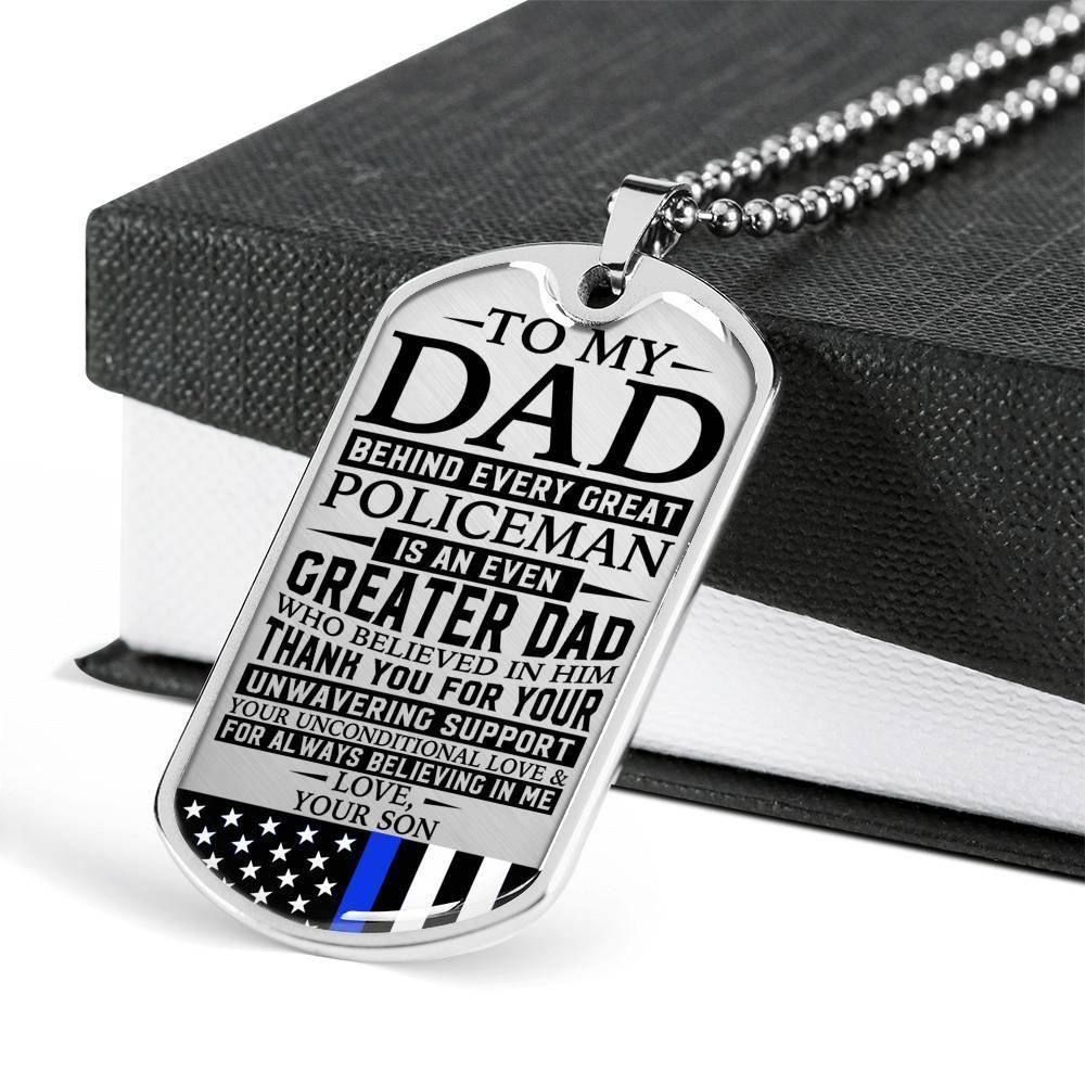Dad Dog Tag Father's Day Gift, Police Officer's Dad Unwavering Support Dog Tag Military Chain Necklace