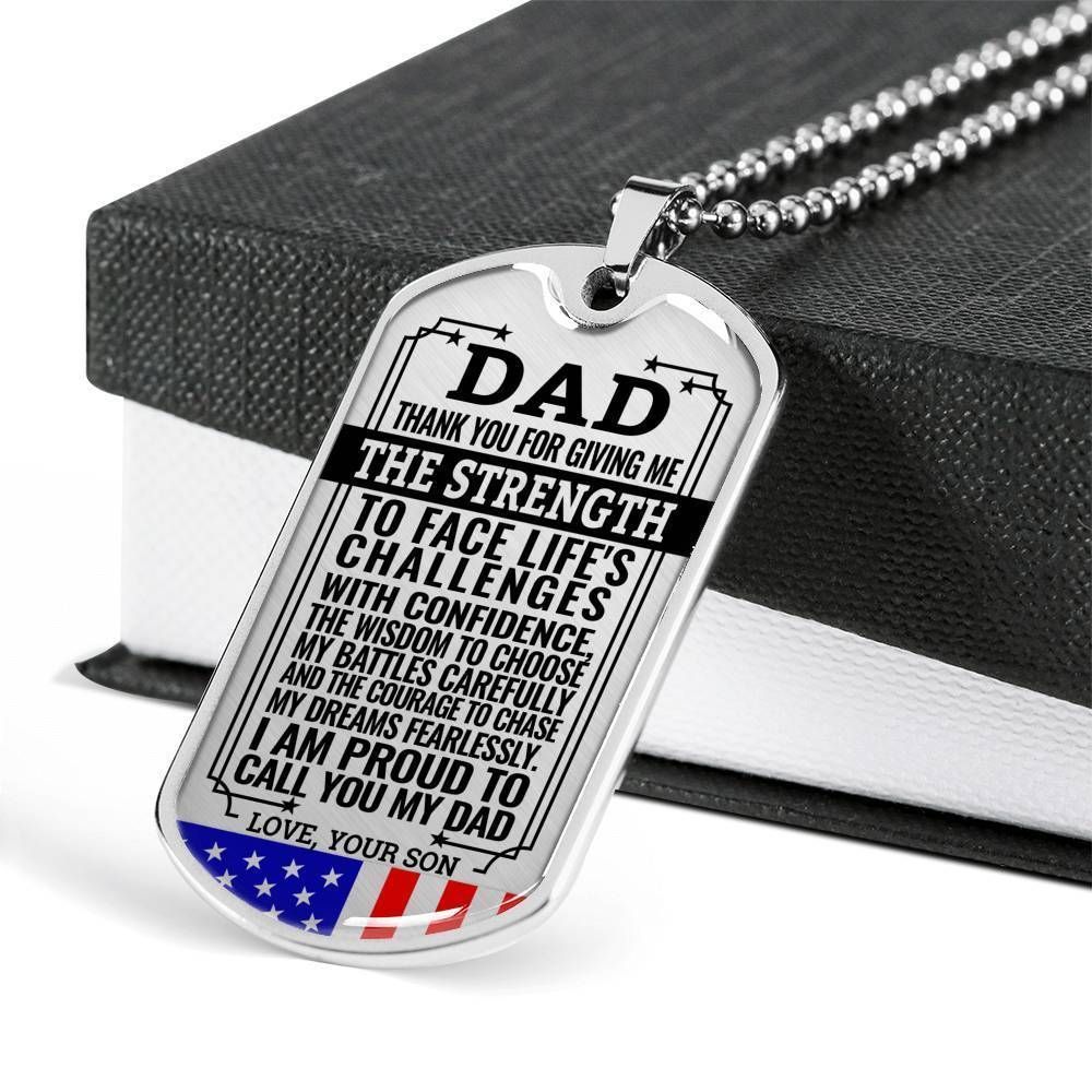 Dad Dog Tag Father's Day Gift, Present For Dad Silver Dog Tag Military Chain Necklace Thank For Giving Me Strength