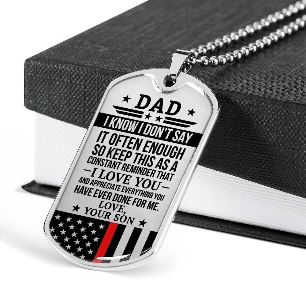 Dad Dog Tag Father's Day Gift, Red Line Son Gift For Dad Silver Dog Tag Military Chain Necklace Thank For All You Do