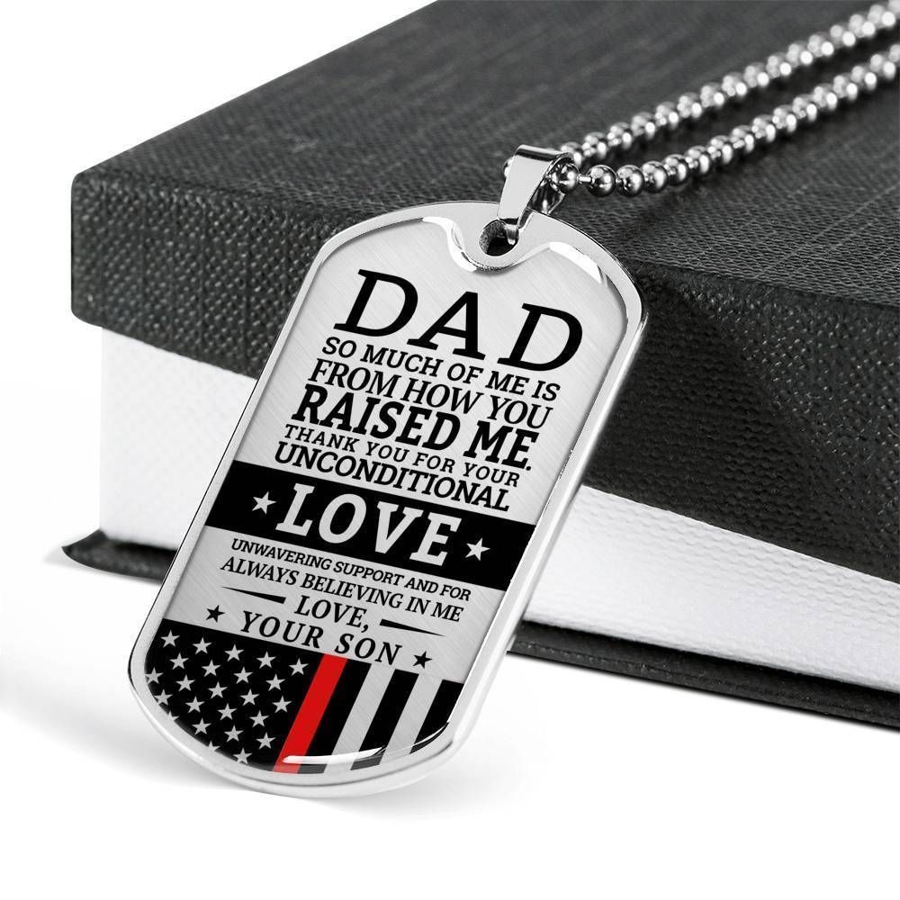 Dad Dog Tag Father's Day Gift, Red Line Son Gift For Dad Silver Dog Tag Military Chain Necklace Your Unconditional Love