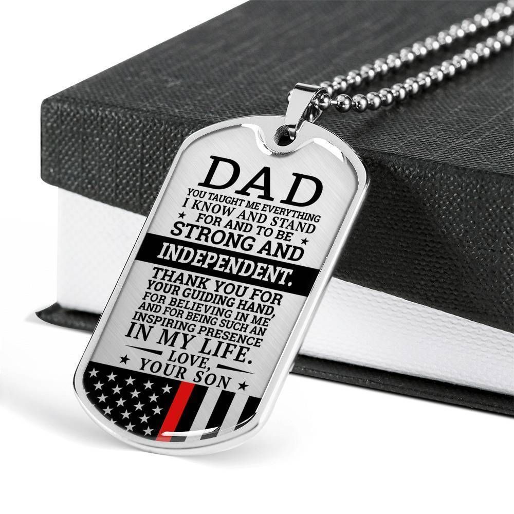 Dad Dog Tag Father's Day Gift, Red Line Son Present For Dad Silver Dog Tag Military Chain Necklace Strong And Independent