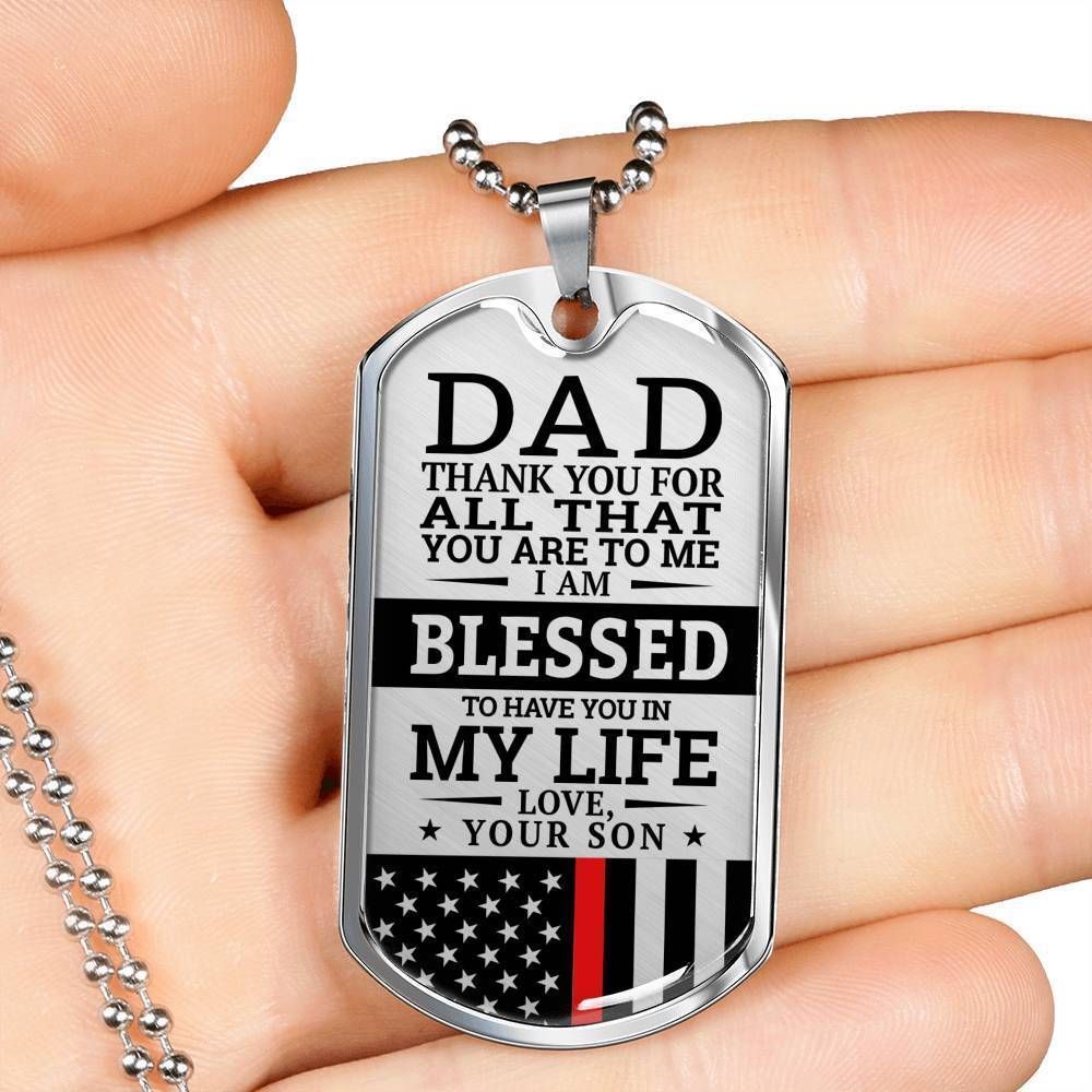 Dad Dog Tag Father's Day Gift, Red Line Son Present For Dad Silver Dog Tag Military Chain Necklace Thank You For All