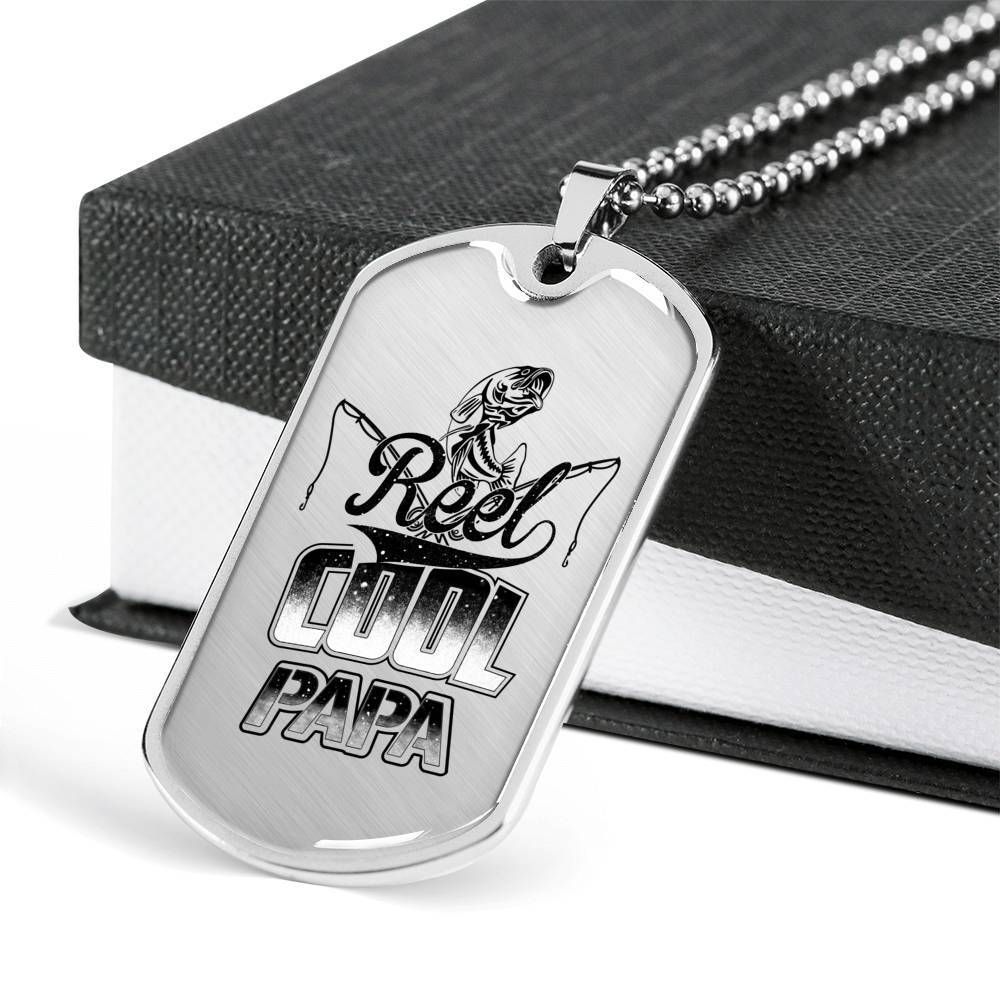 Dad Dog Tag Father's Day Gift, Reel Cool Papa Dog Tag Military Chain Necklace For Dad Dog Tag