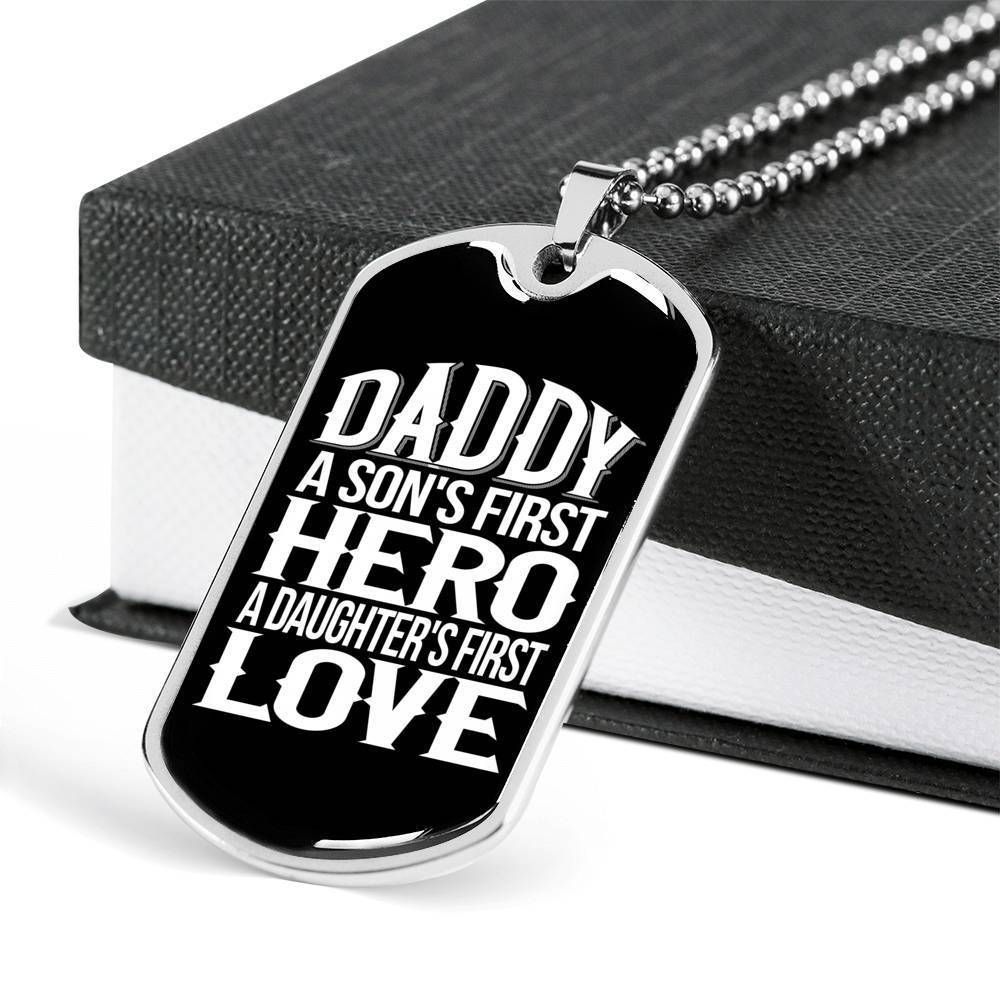 Dad Dog Tag Father's Day Gift, Son's First Hero Daughter's First Love Dog Tag Military Chain Necklace Gift For Daddy