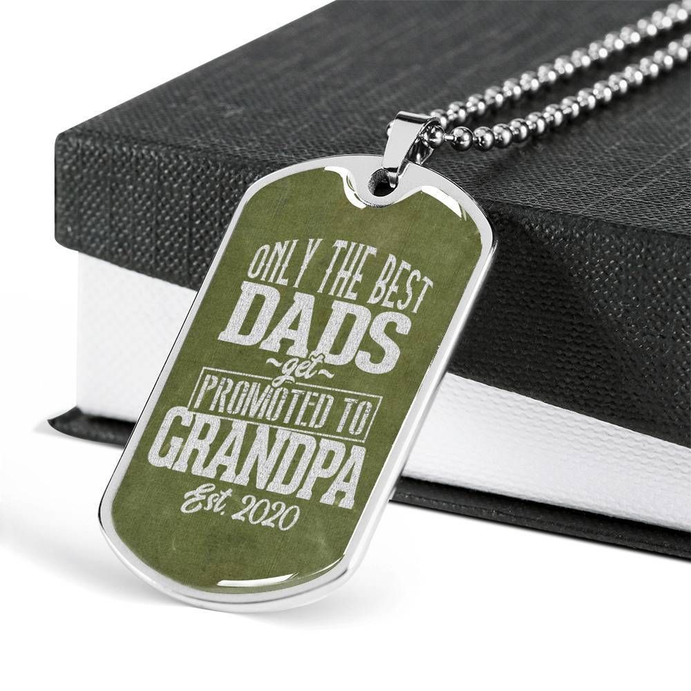 Dad Dog Tag Father's Day Gift, The Best Dads Get Promoted To Grandpa Dog Tag Military Chain Necklace Gift For Men